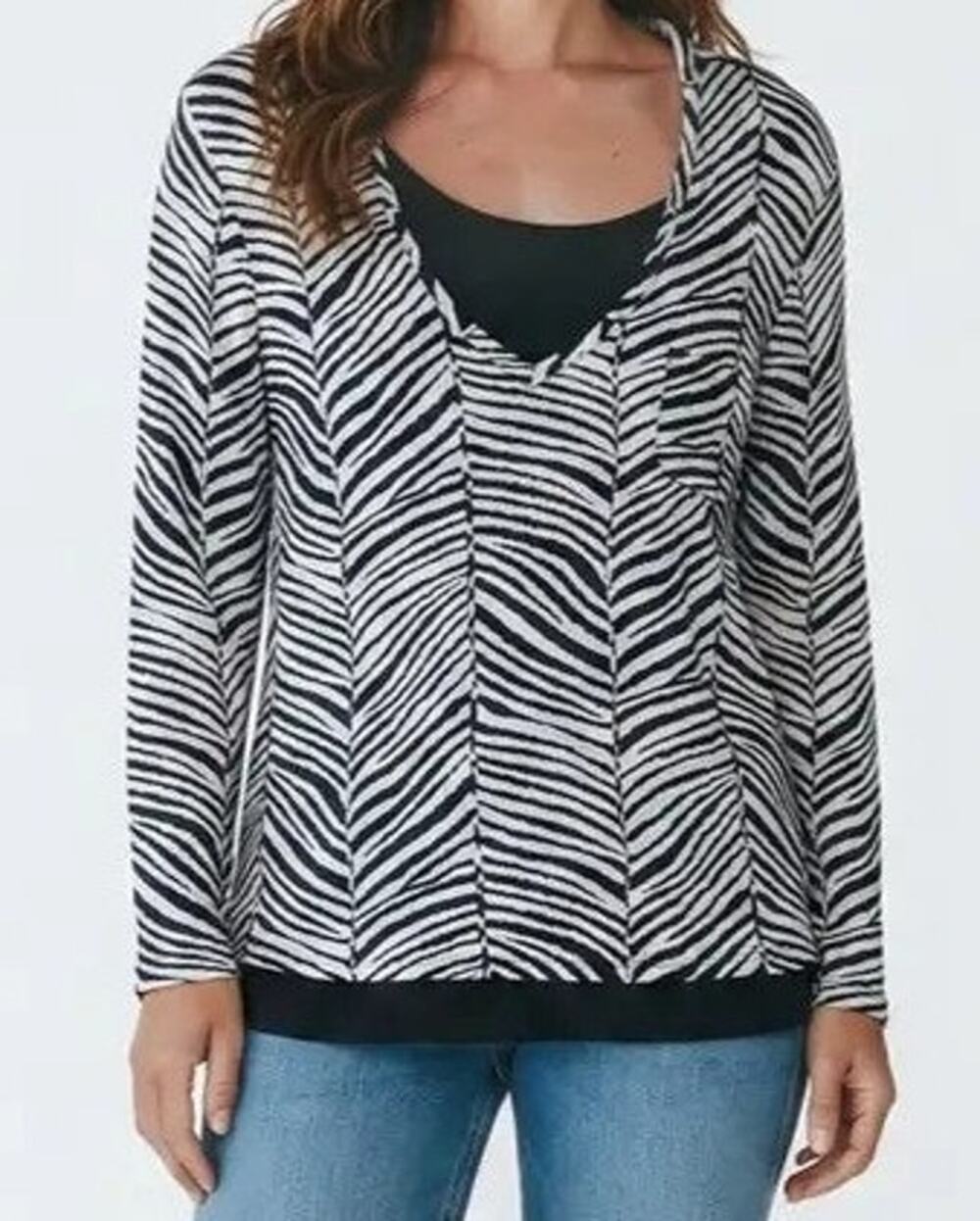 Chico's Black White Zebra Stripe Layered V-neck Top Size Extra Large